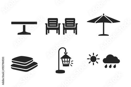Collection of outdoor living icons including furniture, lighting, and weather symbols