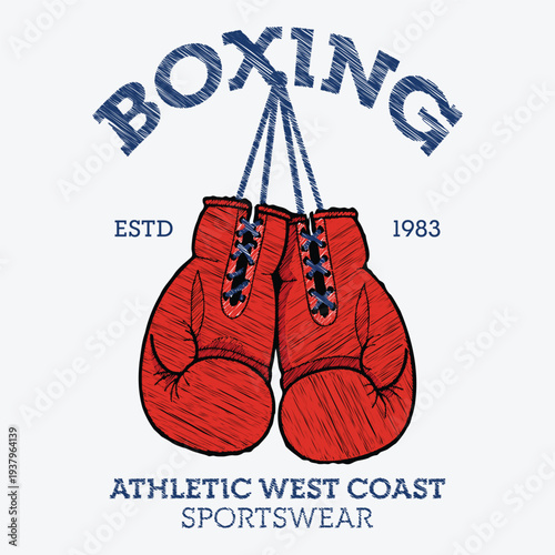 Vintage Boxing Gloves Vector Illustration with Retro Typography, Athletic West Coast Sportswear Graphic Design for T-Shirt Print, Gym Apparel, and Boxing Club Poster, Isolated on White Background.