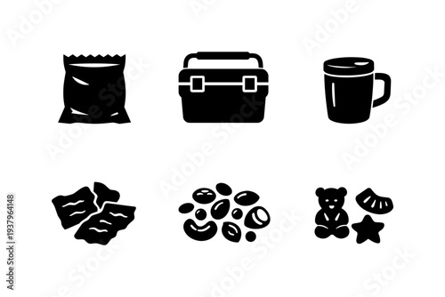 Collection of snack icons including chips, nuts, candy, and a drink