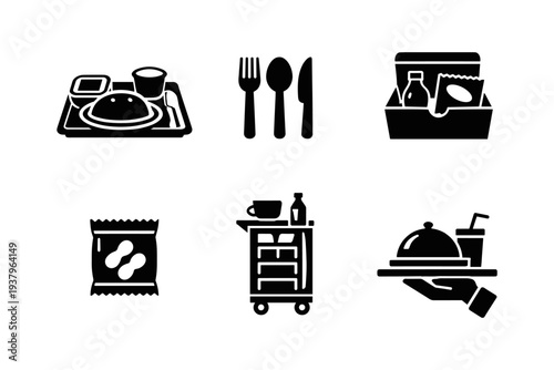 Collection of food and drink icons representing various meal services and snacks