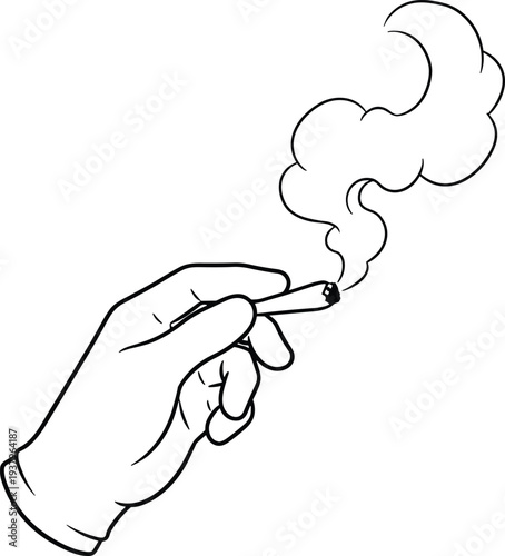 Hand holding smoking cigarette with rising smoke line art illustration, human hand smoking concept, addiction habit outline vector drawing