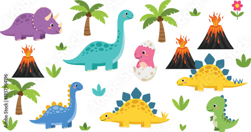 Cute cartoon dinosaurs collection with volcano, palm trees and baby dinosaur egg, prehistoric animals vector illustration set