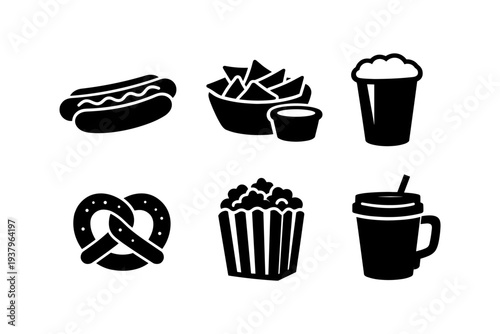 Collection of popular snack and drink icons for casual dining and entertainment
