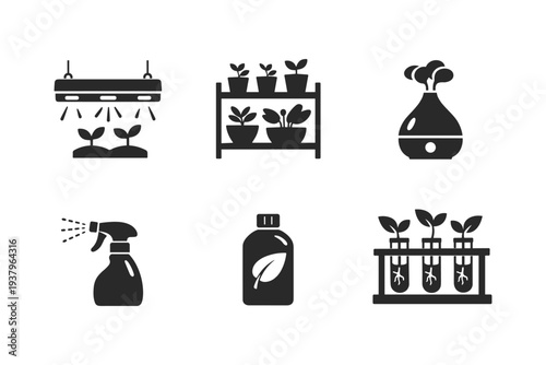 Collection of icons representing modern indoor gardening and plant care techniques