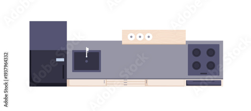 Kitchen workspace, cabinet, top view. Cooking work space interior design with fridge, sink, stove, shelf and countertop from above, overhead. Flat vector illustration isolated on white background