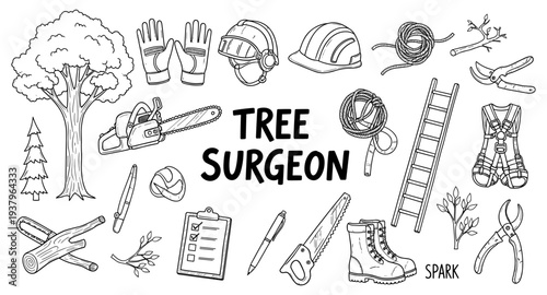 Collection of tree surgeon tools and equipment in a doodle art style