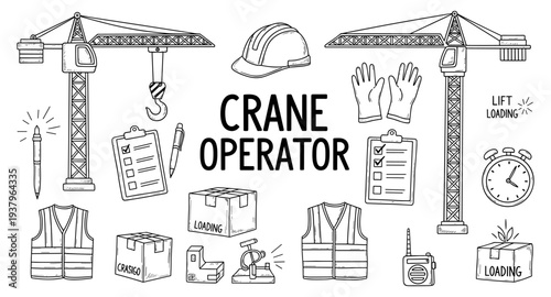 Crane operator tools and equipment illustration with text for construction industry