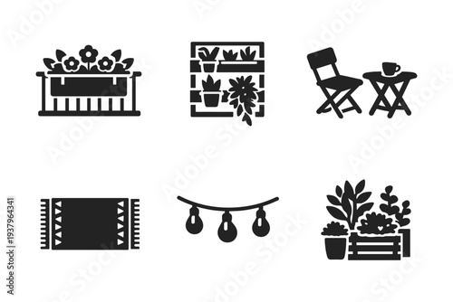 Collection of outdoor living and gardening icons for balconies and patios
