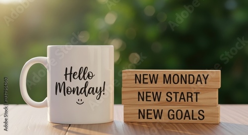 A white mug with 'hello monday!' and stacked wooden blocks saying 'new monday, new start, new goals' on a table.