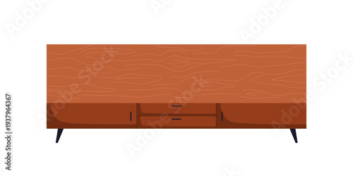 Wooden sideboard, TV stand, console, top view for interior design. Living room furniture in mid-century style. Wood cabinet, long storage unit. Flat vector illustration isolated on white background
