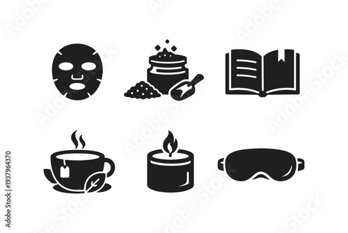 Relaxation and self-care icons: face mask, tea, candle, book, bath salts, and sleep mask