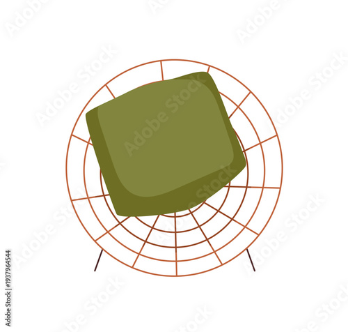 Rattan wicker chair with cozy cushion. Wooden bamboo furniture, round armchair, top above view. Comfortable natural seat for garden, patio. Flat vector illustration isolated on white background