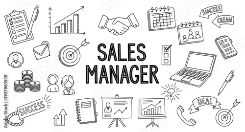 Sales manager concept with business icons and charts for growth and success
