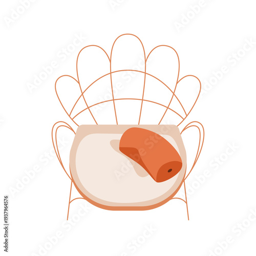 Wicker chair with cozy soft cushion. Wooden wire fan-shape backrest, comfortable seat from above. Modern furniture, armchair, top down view. Flat vector illustration isolated on white background