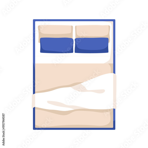 Double bed top view. Bedroom furniture with sheet, pillows and duvet for interior design. Bedclothes, blanket and cushions on mattress from above. Flat vector illustration isolated on white background