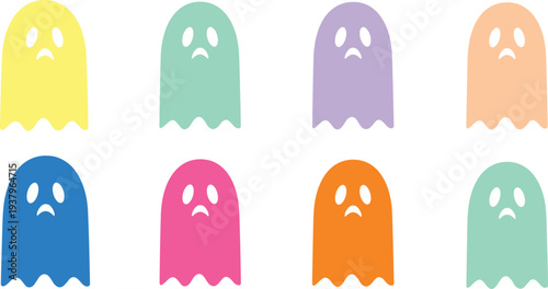 Cute colorful ghost characters with sad expressions, simple cartoon halloween spirit icons collection isolated flat vector illustration