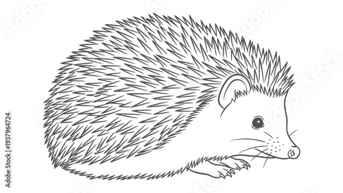 Hedgehog Illustration: A detailed black and white illustration of a hedgehog, showcasing its iconic spiky exterior and small, endearing features.