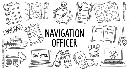 Collection of navigation officer tools and equipment in a doodle art style