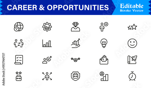 Career and Opportunities Professional Line Icon Set Featuring Modern, Minimal, Editable Stroke Icons for Business, Recruitment, Talent, and Human Resources Use