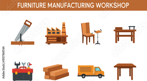 Image shows furnituremaking icons A saw factory chair work table toolbox logs truck and table are shown