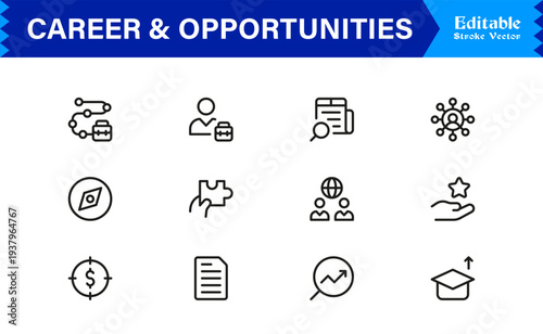 Career and Opportunities Professional Line Icon Set Featuring Modern, Minimal, Editable Stroke Icons for Business, Recruitment, Talent, and Human Resources Use