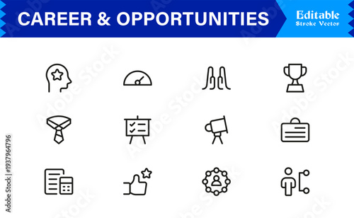 Career and Opportunities Professional Line Icon Set Featuring Modern, Minimal, Editable Stroke Icons for Business, Recruitment, Talent, and Human Resources Use