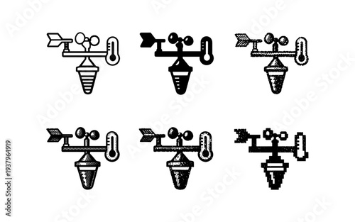 Weather station icons showing wind speed, direction, and temperature in various styles