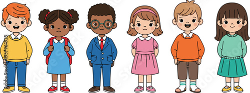 Cute diverse school children characters standing together, happy kids group illustration isolated education cartoon vector set