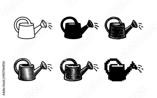 Collection of six watering can icons in various artistic styles and formats
