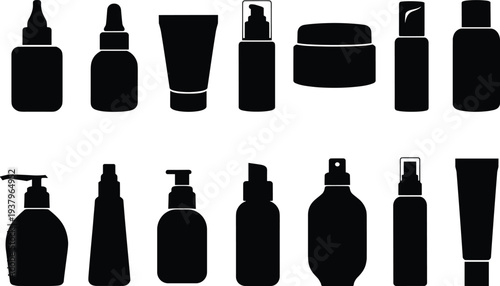 Cosmetic bottles and skincare containers silhouette set including lotion pump tube spray and jar packaging isolated beauty product vector illustration