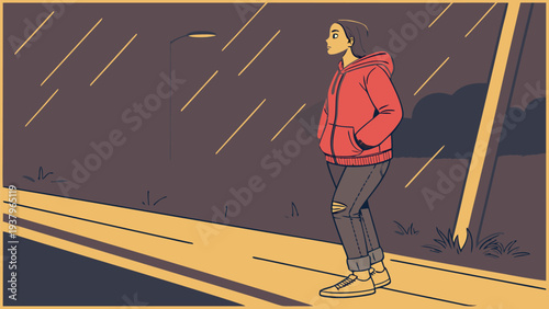 Man in red hoodie stands alone on sidewalk at night during rain looking thoughtful and contemplative