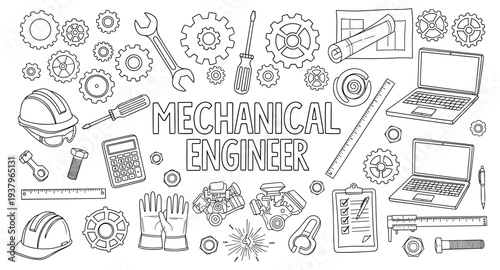 Mechanical engineer profession concept with tools and equipment illustration