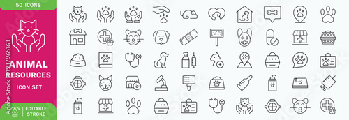 Set of 50 outline icons related to animal resources. Linear icon collection. Editable stroke. Vector illustration
