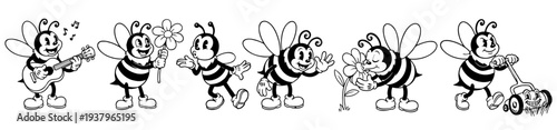 Vintage honey bee mascot character in retro rubber hose cartoon style for summer garden concepts