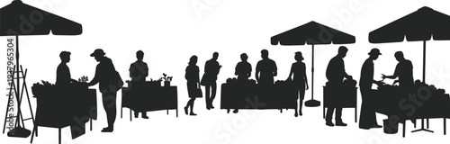 Farmers market silhouette scene with people buying vegetables and fruits at outdoor stalls, local food shopping and street market vector illustration