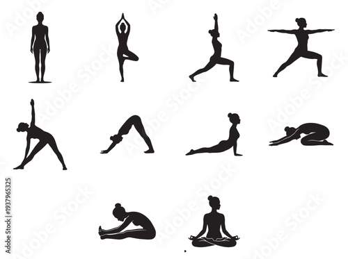 Female yoga poses silhouette collection showing different stretching exercises for wellness usage.