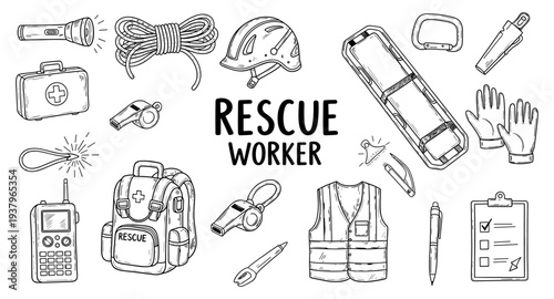 Collection of rescue worker equipment and tools for emergency response situations