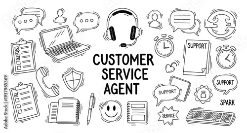 Customer service agent doodle icons representing communication, support, and efficiency