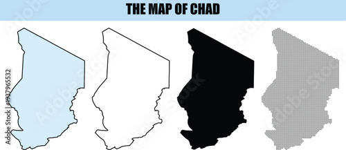 Chad Map Outline Collection: Solid Black Halftone Dot Pattern and Simple Shapes