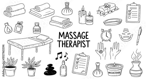 Collection of hand-drawn icons representing massage therapy and spa treatments