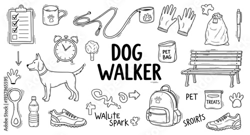 Collection of dog walker essentials and icons in a hand-drawn doodle style