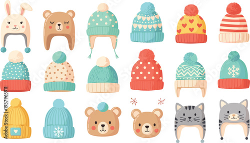 Cute winter hats collection with animal faces and colorful knitted beanies, cozy cold season clothing vector illustration set