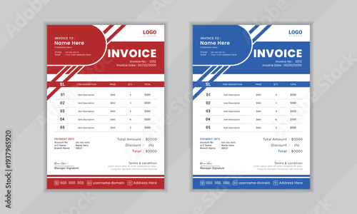 Modern invoice template with red and blue color scheme, professional business document design