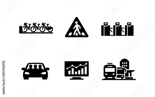 Collection of urban transportation and data analysis icons