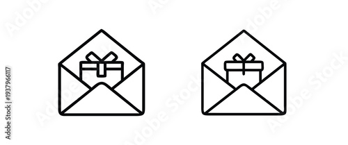 Gift envelope and surprise mail line icon set with present box inside letter, greeting card delivery, holiday invitation message more vector illustration or editable stroke.