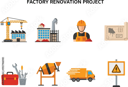 Illustration of a factory renovation project with icons crane building worker blueprints tools mixer truck warning sign