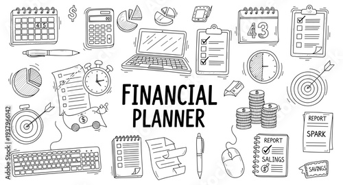 Financial planner doodles with calendar, calculator, laptop, and coins