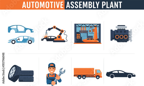 Automotive assembly plant illustration showcasing car parts a robot welder and a truck