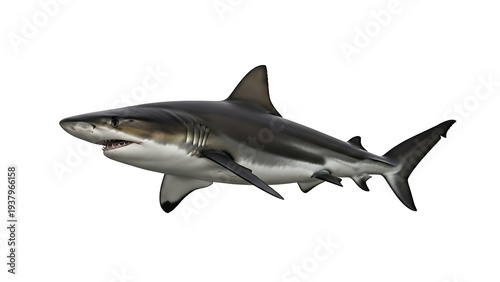 Great white shark swimming in clear ocean water with sharp details and dramatic lighting for wildlife photography