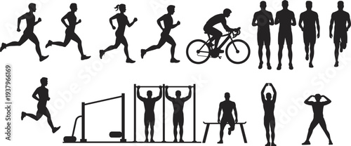 Fitness and running athletes silhouette set with jogging cycling and gym workout exercises, healthy lifestyle sport training vector illustration